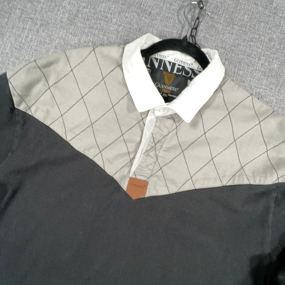 Vintage Y2K Guinness Rugby Polo Shirt Men 2XL Black Gray Diamond Quilted Yoke